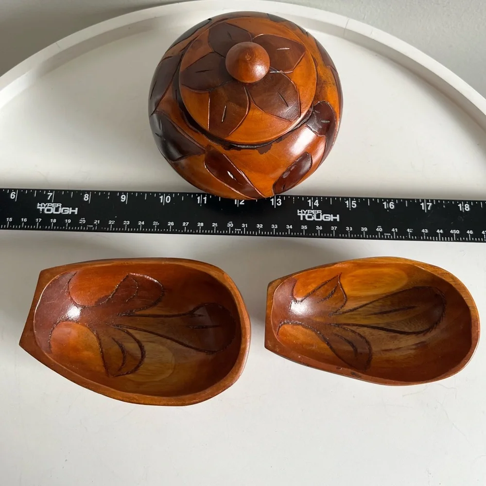 Handcrafted Wooden Lidded Round Bowl And Two Smaller Bowls Art Set Brown Vintage